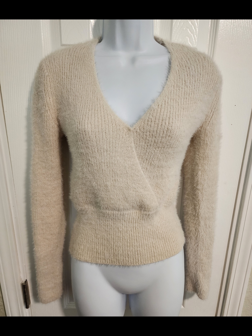 Pink Rose Cream Fuzzy V-Neck Wrap Pullover